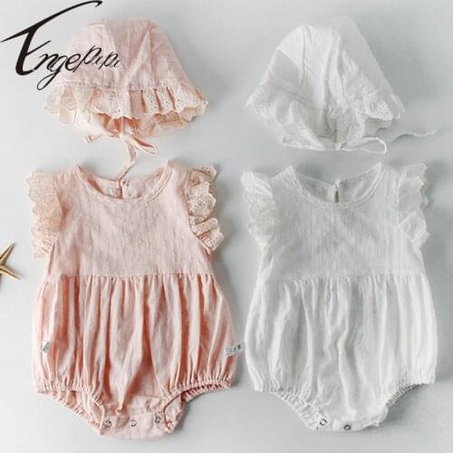 Engepapa Newborn Baby Girls Jumpsuit+Hat Summer Infant Baby Girls Bodysuits Solid Color Cotton Sleeveless Baby Girls Clothes