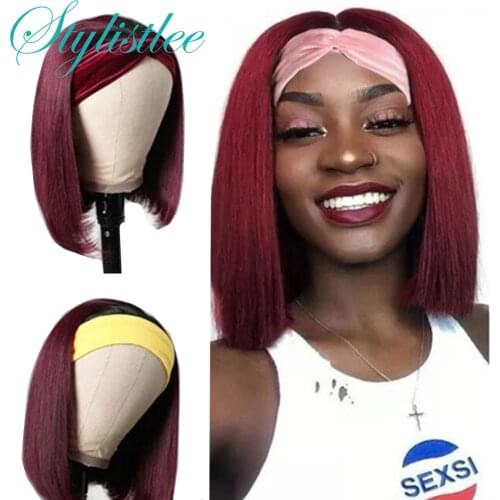 Short Bob Wig Headband Wig Human Hair Designer Headbands For Women Brazilian Straight Human Hair Wigs 1B 99J Ombre Bob Femme Wig