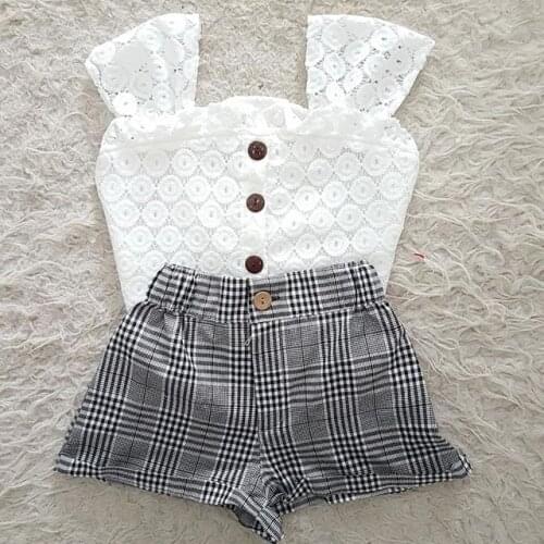 2021 Summer Cute Baby Girls Clothes Sets Lace Flowers Sleeveless Single Breasted Vest Tops Plaid Shorts Casual Outfit