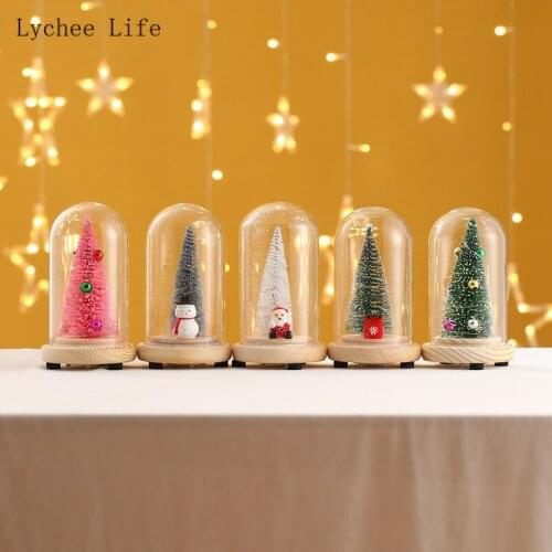 Lychee Life Christmas Tree Wooden Glass Cover Desktop Crafts Luminous Mini Christmas Tree Desktop Ornaments Handmade