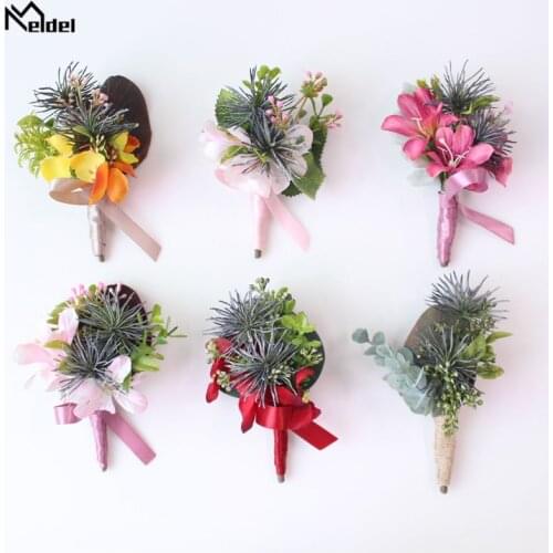 Meldel Wedding Corsage Groom Boutonniere Bridal Wrist Corsages Bracelet Artificial Orchid Flowers Green Yellow Marriage Supplies