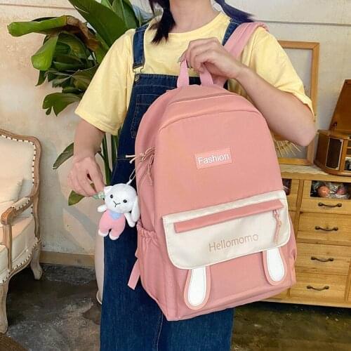 Fashion Womens Backpack Cute Bunny Ears School Bag For Girls Trendy Pendant Contrast Color Nylon Student Bookbags Travel Bags