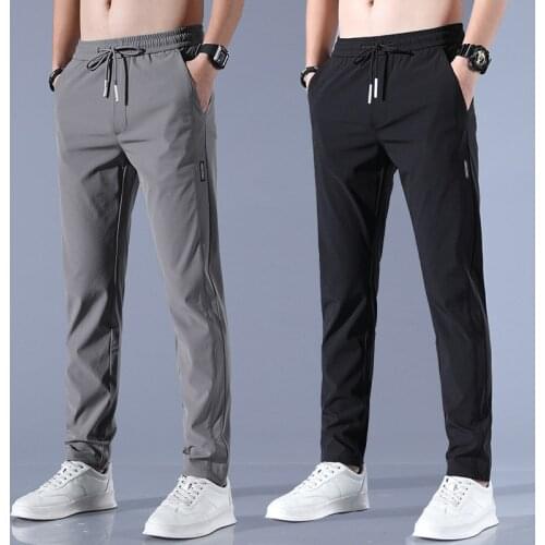 Mens Trousers Ice Silk Solid Color Mid-Waist Loose and Breathable Straight Casual Pants Thin Quick-Drying Sports Pants M-4XL