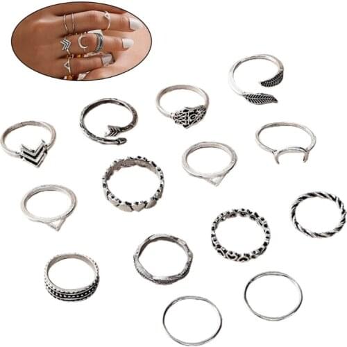 14 Pcs/Set Vintage Alloy Moon Leaf Love Arrow Wave Finger Rings Set Women Bohemian Charm Jewelry Knuckle Ring Gifts