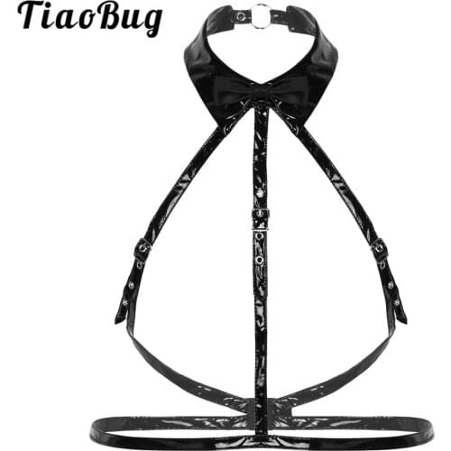 TiaoBug Men Patent Leather Lingerie Halter Body Sexy Straps Tops Erotic Tuxedo Harness Belt Nightclub Party Rave Costume Bondage