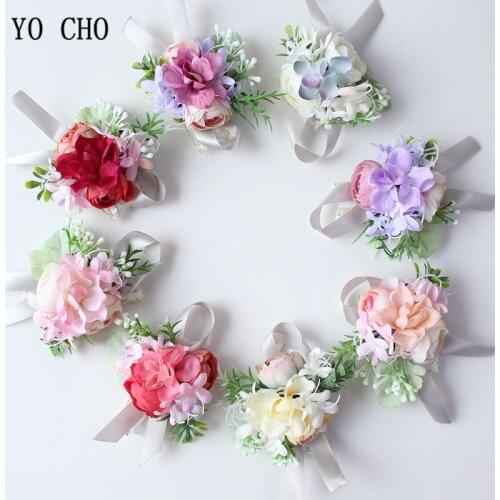 YO CHO Artificial Rose Hydrangea Flowers Wedding Boutonniere Groom Corsage Bridal Wrist Corsages Bracelet Pink Marriage Supplies