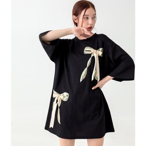 New Summer T shirt Women Long t-shirt Shiny Sequined Butterfly Bows Applique Ladies Maxi Blouses Oversize Casual Tops Tees NS803