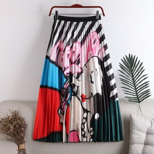 Spring and Cartoon print mid-length Skirts Womens Fashion Print High Waist Elastic Long Skirt for Women Mid-Calf High Street