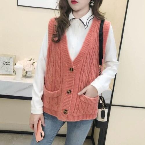 2021 New Female V-Neck Single Breasted Sleeveless Sweater Vest Cardigan Women Autumn Casual Loose Knitted Waistcoat Outwear Y642