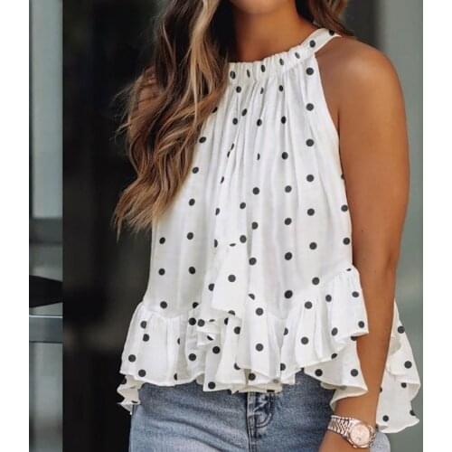 Sexy Halter Sleeveless Vest Blouse Women Elegant Dot Print Shirts Top 2021 Summer Ruffles Off Shoulder Tops Pullover Blusa Mujer