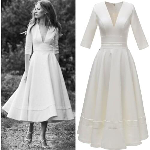 E JUE SHUNG White Tea Length Beach Wedding Dresses Deep V-neck Half Sleeves Simple Boho Bridal Wedding Gowns