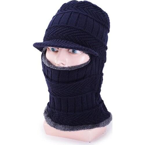 Winter Outdoor Beanie Visor Earflaps For Men Fleece Hat Scarf Set Warm Thick Knit Soft Lined Stripe Skull Ski Ca p With Brim