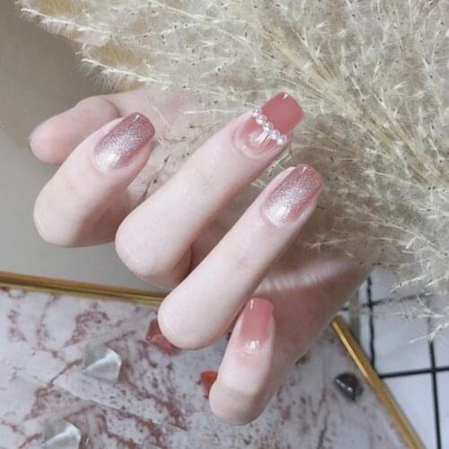 24pcs Pearl Inlaid Nail Patch Glue Type Removable Short Paragraph Fashion Manicure Save Time False Nail Patch Nail Sticker