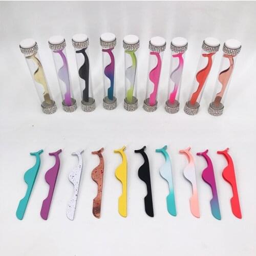 Private Label Wholesale Stainless Steel False Eyelash Tweezers Diamond Tube Bulk Sale Fake Lash Applicator Custom LOGO Sticker