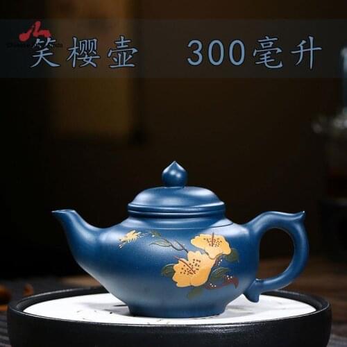 Handmade Yixing Teapot 300cc Purple Clay Zisha Pot Blue Clay Painting Tea Pot