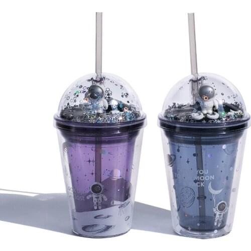 Star Roaming Double-layer Straw Cup Astronaut Korean Lovely Plastic Portable Childrens Water Cup High Beauty Student Gift