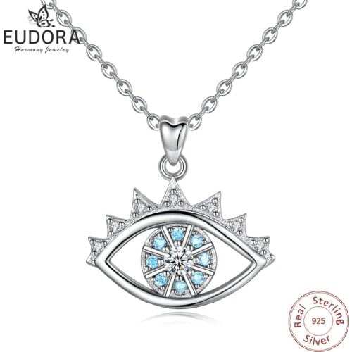 EUDORA Genuine 925 Sterling Silver Blue Evil Eye & Enamel CZ Pendants Necklaces Fine Jewelry for girlfriend Christmas Gifts D375