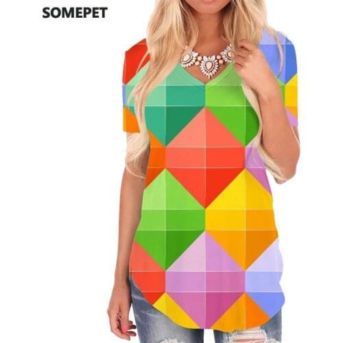 SOMEPET Colorful T Shirt Women Geometry Funny T shirts Pattern V-neck Tshirt Rainbow Shirt Print Womens Clothing Summer Loose