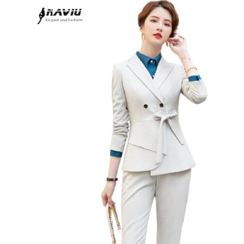 Naviu New Fashion 2021 Belt Design Blazer and Pants Suit Two Pieces Set Office Lady Interview Bussiness Uniform