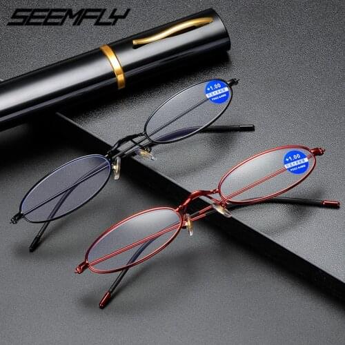 Seemfly Mini Reading Glasses Metal Small Frame Presbyopic Eyeglasses Women Men Portable Pen Box Hyperopia Eyewear +1.0 To +4.0