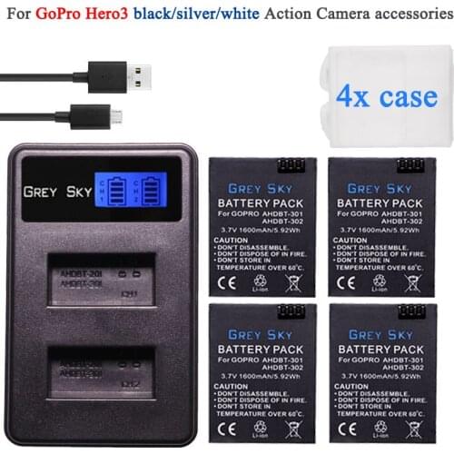 Original GREY SKY For GoPro Hero3 Hero3+ hero 3 hero 3+ battery +LCD dual charger for go pro AHDBT-301 action camera accessory