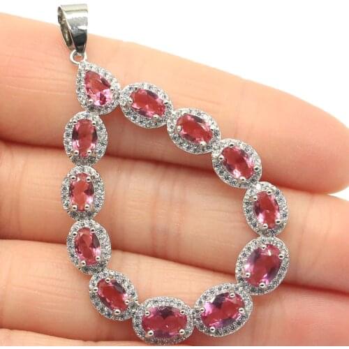 57x34mm Romantic Long Big Drop Created Pink Tourmaline White CZ Gift For Sister Silver Pendant
