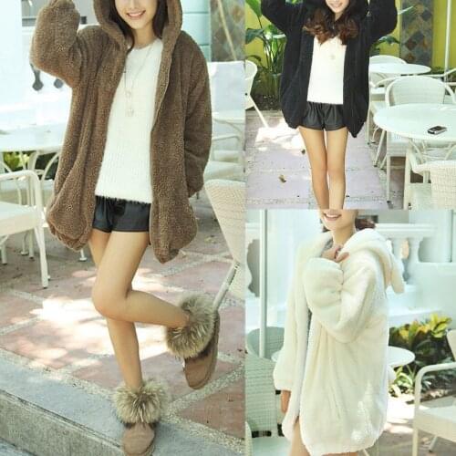 Furry Hoodie Bear Ears And Tail Soft Sweatshirt Fluffy Poleron Mujer 2020 Plain Oversized Hoodie Plush Women Thick Hooded Zip Up