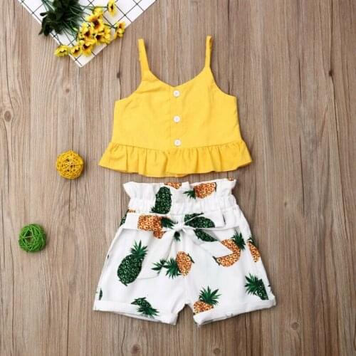 Casual Toddler Kid Baby Girl Ruffle Sling Sleeveless Tops+Drawstring Print Shorts Pants 2PCS Outfits Clothes Summer
