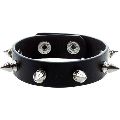Press Stud Buckle Spike Studs Decor Black Faux Leather Wristband for Men Lady