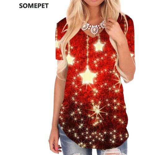 SOMEPET Christmas T-shirt women Shine Funny T shirts Pattern T-shirts 3d Party V-neck Tshirt Womens Clothing Fashion Casual Tops