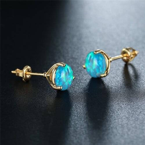 Blue Fire Opal Screw Back Earrings 6/7/8mm Round Stone Stud Earrings Vintage Gold Color Small Earrings For Women Wedding Jewelry