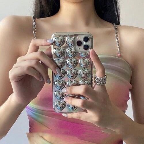 Stylish 3D heart plated silver phone case for iphone 12 pro 11 xs max xr 7 8plus se2020 korea tpu cover case shell body protect