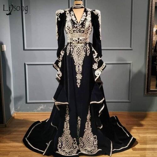 Vintage Black Velour Embroidery Evening Dresses With Detachable Train Full Sleeves Lace Long Evening Gowns 2 Pieces Prom Gowns