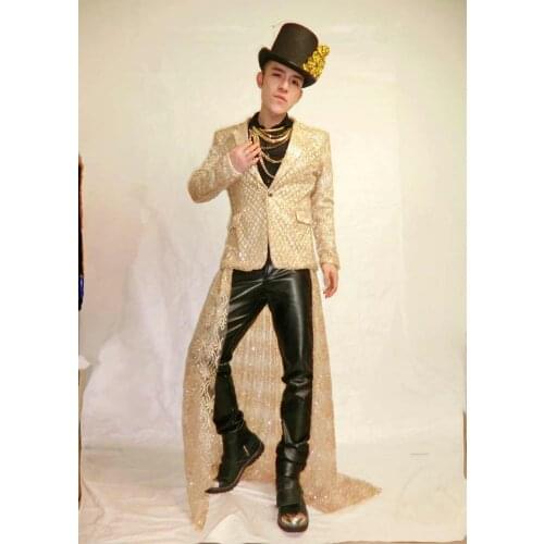 High quality Male Luxury Gold Bling slim long tail performance suit nightclub party show singer dancer stage costumes wear
