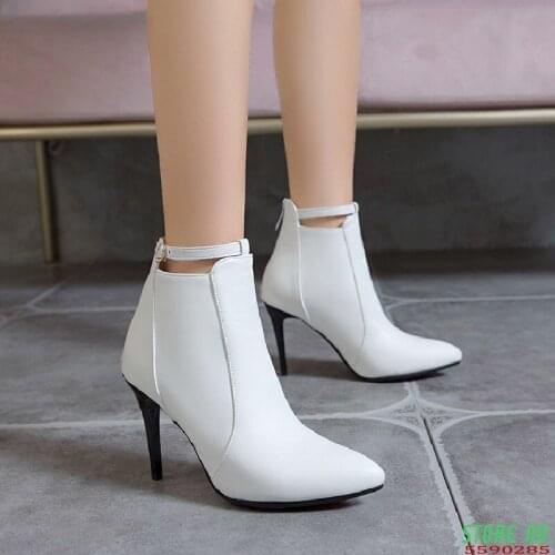 Autumn Ankle Boot Stiletto Thin High Heels Zipper Buckle Sexy Womens Boots Pointed Toe PU Leather Red Yellow white Shoes