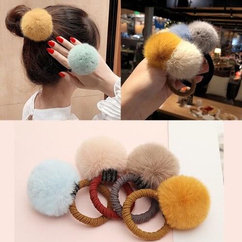 Women Soft Furry Candy Colorful Fur Ball Hair Ring Hair Rope Pom Pom Fashion Scrunchies Rubber Bands Kids Girls Hair Accessories