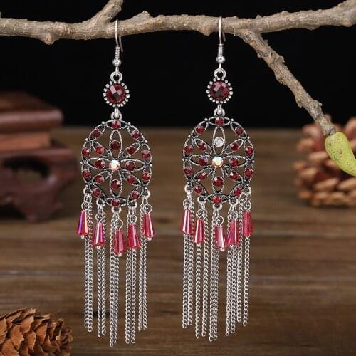 Womens Hanging Earrings Elegant Round Flowers Crystal Long Chain Tassel Pendent Trend Vintage Style Punk Jewelry Women Earring