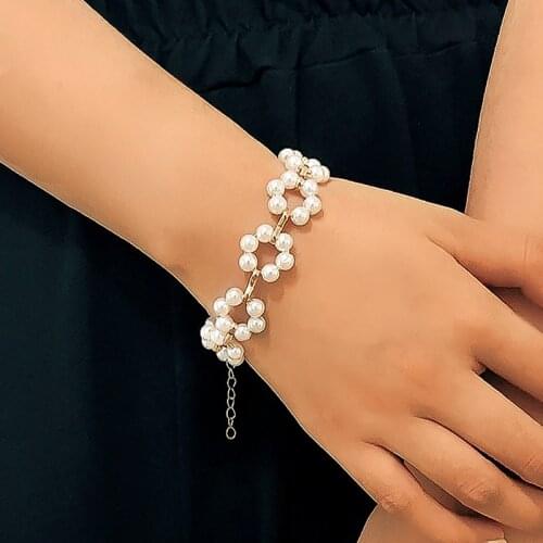 Creative Geometric Pearl Flower Gold Bracelet Charming Womens Beaded Bracelet Accessories Elegant Wedding Party Jewelry