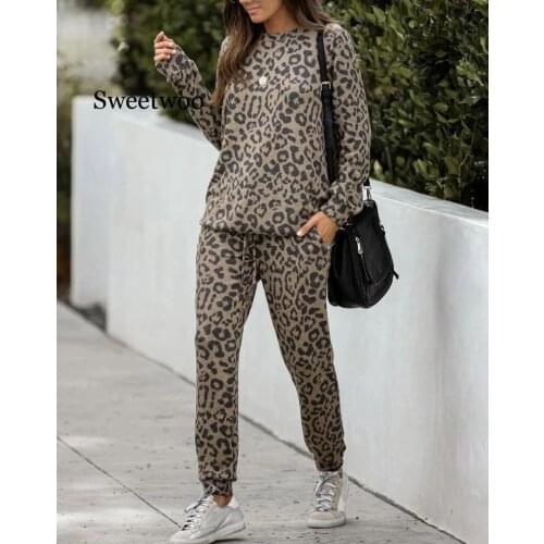 2Pcs Women Tracksuit Leopard Print Pants Sets Leisure Wear Lounge Wear Suit Women Pajamas For Women Pyjamas Sets Nightwear