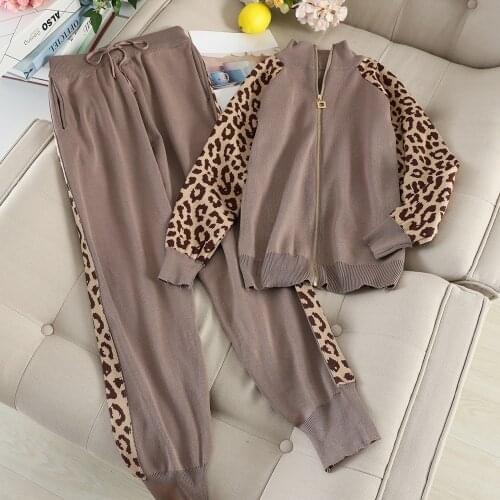 Women Tracksuits New 2019 Autumn Knitted Two Piece Set Slim Zipper Cardigans Jacket + Long Pants Suits Women Leopard Sportsuits