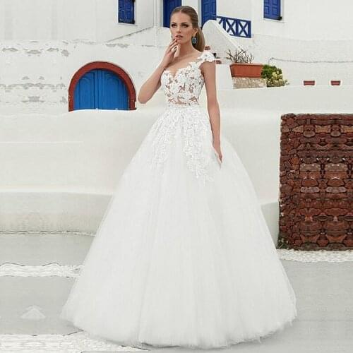 White Ivory O Neck Wedding Dresses Floor Length Lace Applique A Line Back Button Sleeveless Bridal Dress Vestido De Noiva