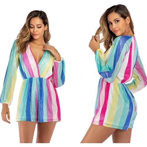 2020 Elegant Jumpsuit Women Summer Rainbow Color Overall Women Deep V Neck With Slash Rompers Womens Jumpsuit Shorts Combinaison