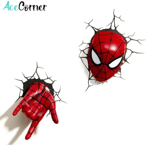 Acecorner Avengers Marvel Spider Man Face Hand Superhero 3D LED Wall Lamp Creative Sticker Night Light for Christmas Kids Gift