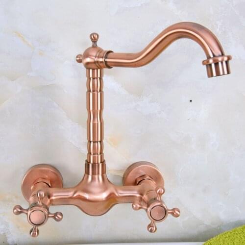 Antique Red Copper Brass Wall Mounted Bathroom Kitchen Sink Faucet Swivel Spout Mixer Tap Double Cross Handles Levers anf945