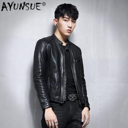 AYUNSUE Genuine Leather Jacket Men 100% Sheepskin Leather Coat Biker Motorcycle Jacket Man Vlothes 2020 Slim Fit Vintage 1780A