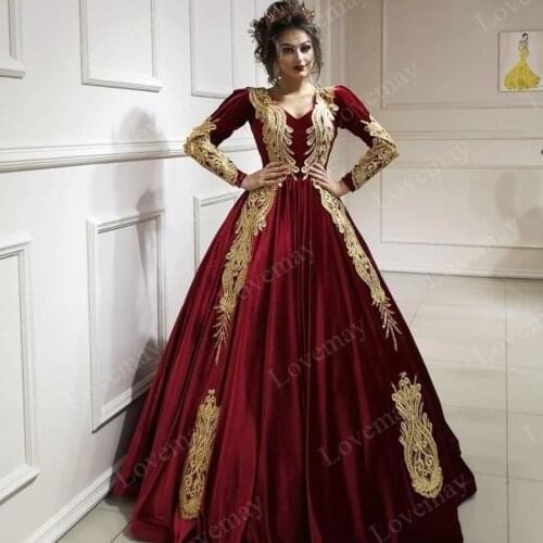 Burgundy Velvet Caftan Evening Dresses 2021 Long Sleeves Appliques Evening Gowns Arabic Elegant вечернее платье Prom Gowns