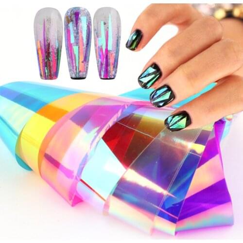 8pc Aurora Film Broken Glass Nail Foils Transfer Paper Holographic Manicure Art Stickers Decals Slider Shinny Decorations NF1900