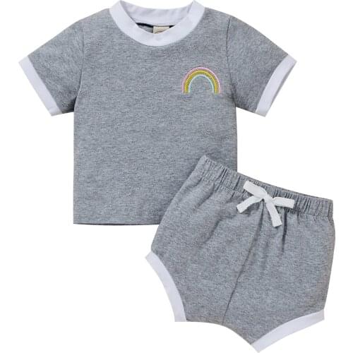 New Children Casual Two-piece Clothes Set, Rainbow Embroidery Pattern T-shirt and High Waist Shorts, Pink/ Green/ Grey