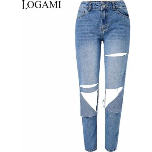 LOGAMI New Slim Hole Ripped Jeans For Women Mid Waist Denim Jeans Womens Pants