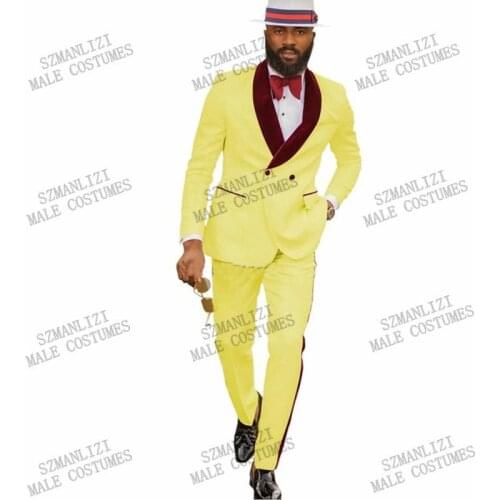 Yellow Jacquard Double Breasted Jacket Pant Costume Homme Men Suits Tuxedo Groom Wedding Slim Fit Terno Masculino Blazer 2Pcs